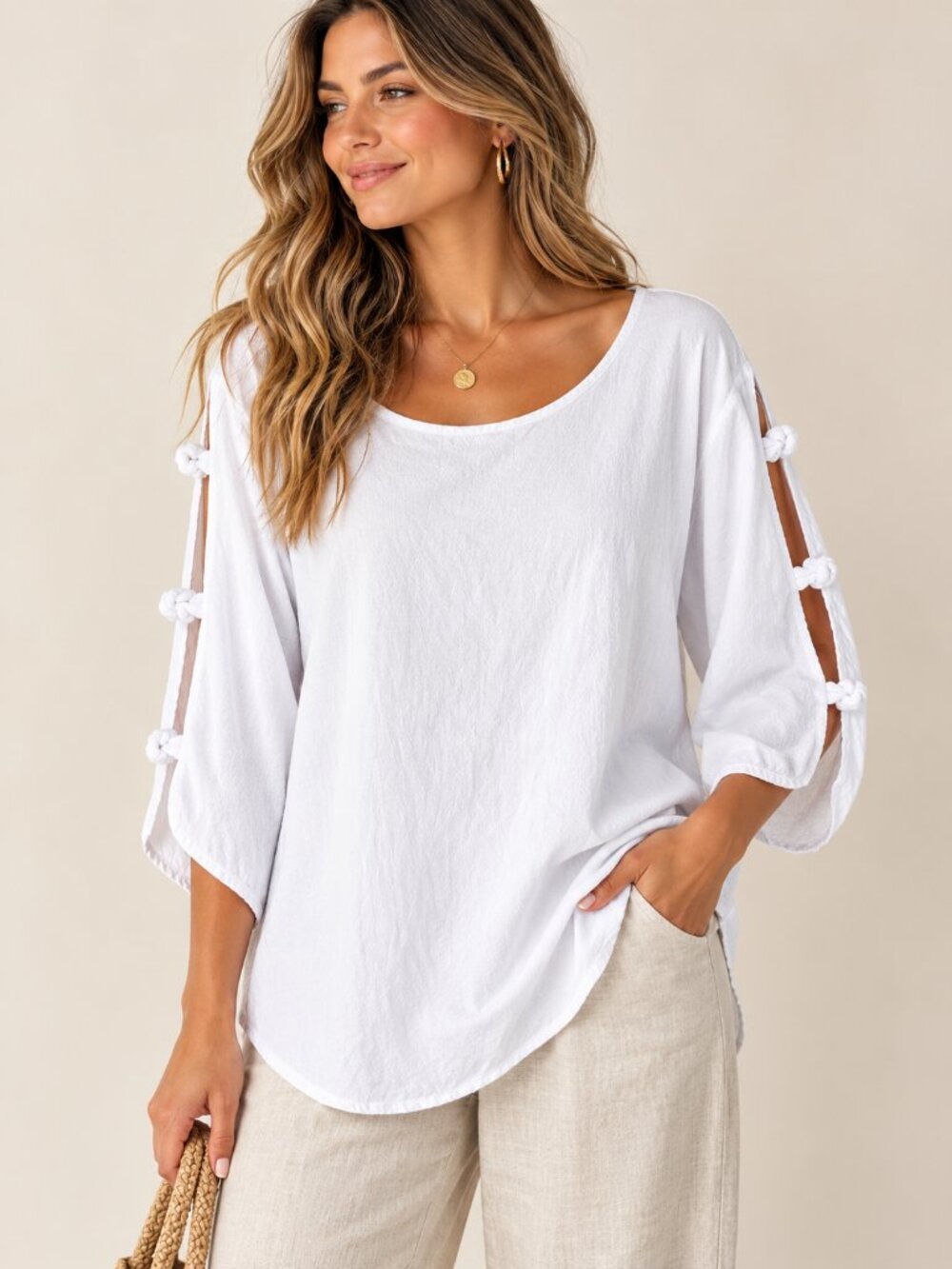 NWT White Cutout Knot Sleeve Blouse XL Coastal Boho Lagenlook Resort Tunic